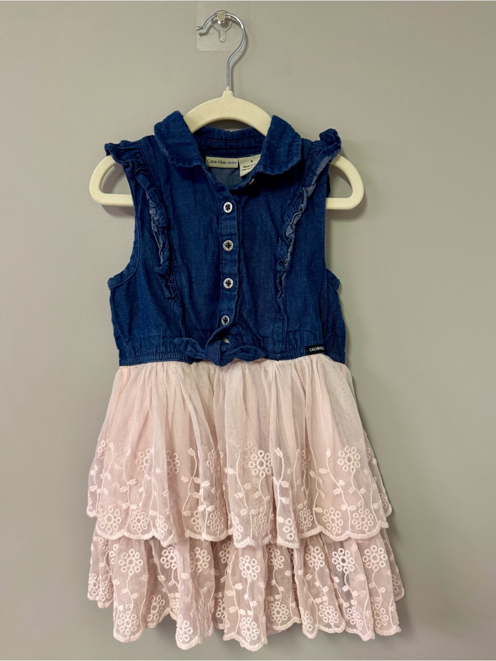 Calvin Klein Jeans Navy Blue and Light Pink Tiered Lace Dress for Girls